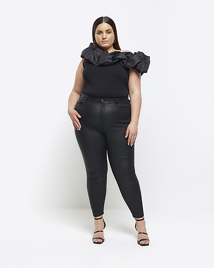 Plus black ruched asymmetric sleeveless top