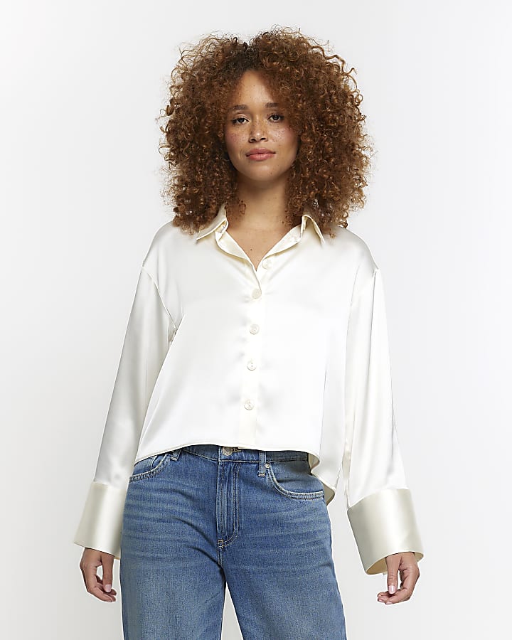 Cream satin crop long sleeve shirt