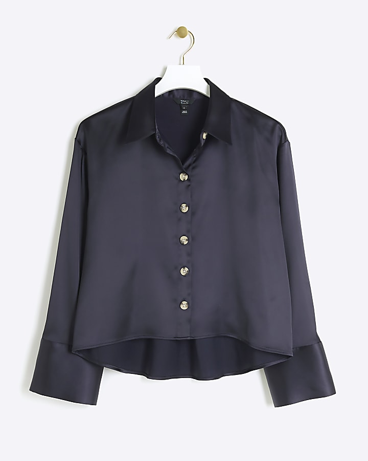 Navy satin crop long sleeve shirt