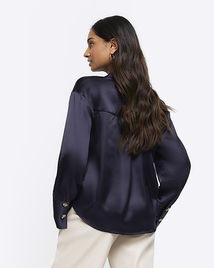 Navy satin crop long sleeve shirt