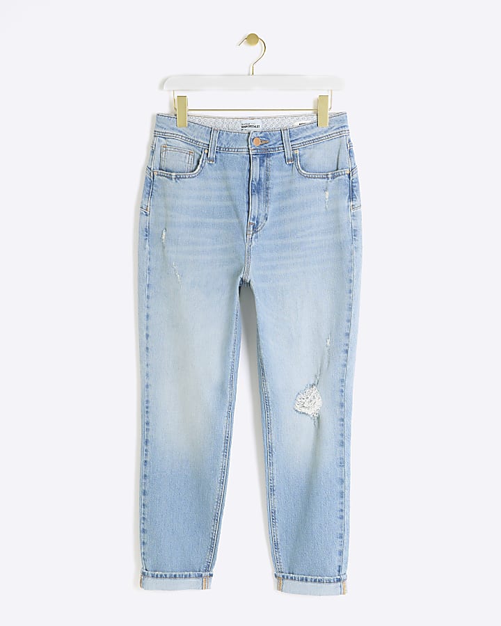 Blue high waisted ripped mom jeans