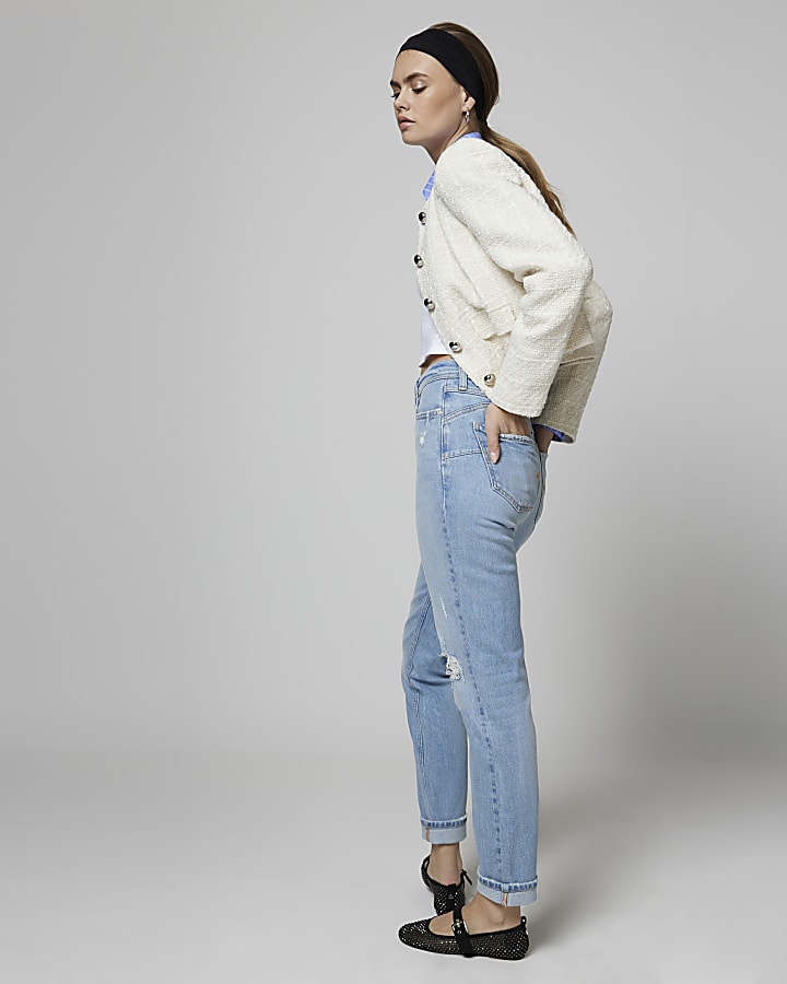 Blue high waisted ripped mom jeans