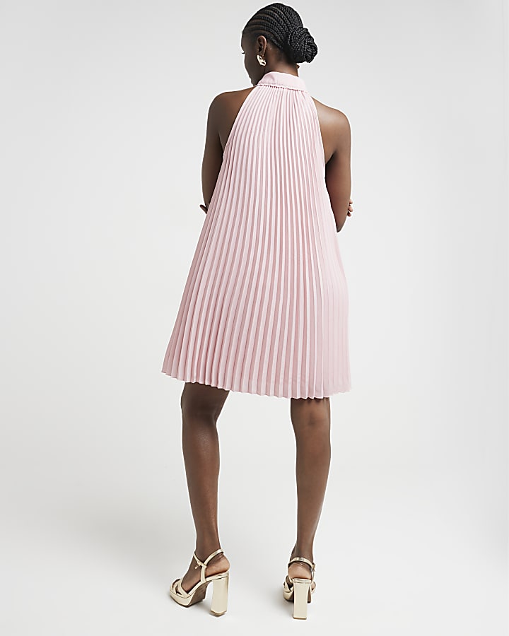 Pink plisse sleeveless mini shirt dress