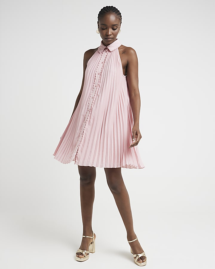 Pink plisse sleeveless mini shirt dress