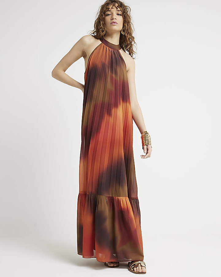 Rust pleated ombre maxi dress River Island