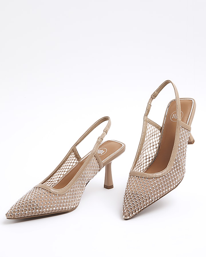 Beige Diamante Sling Back Heeled Court Shoes