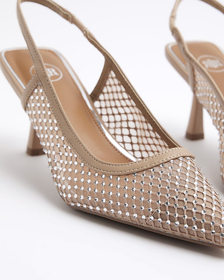 Beige Diamante Sling Back Heeled Court Shoes