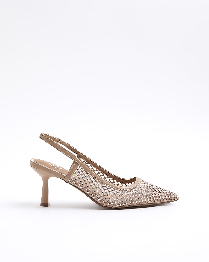 Beige Diamante Sling Back Heeled Court Shoes