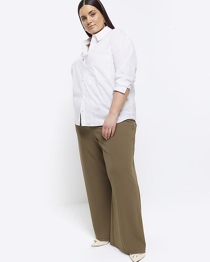 Plus khaki stitched wide leg trousers