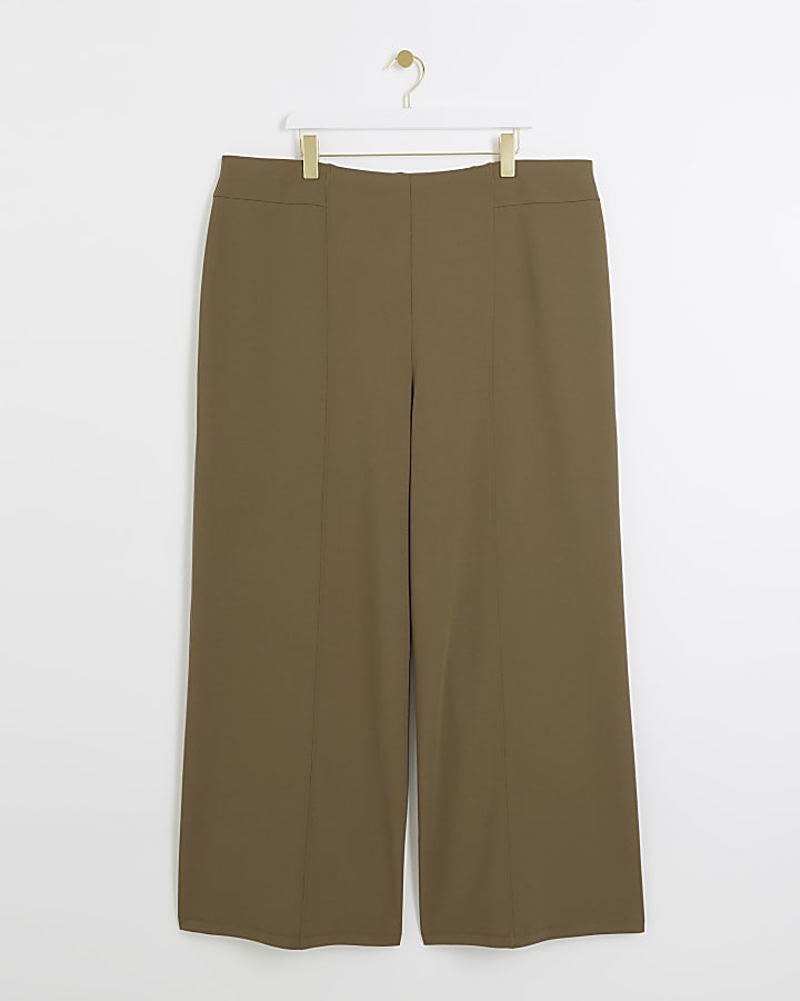 Plus khaki stitched wide leg trousers