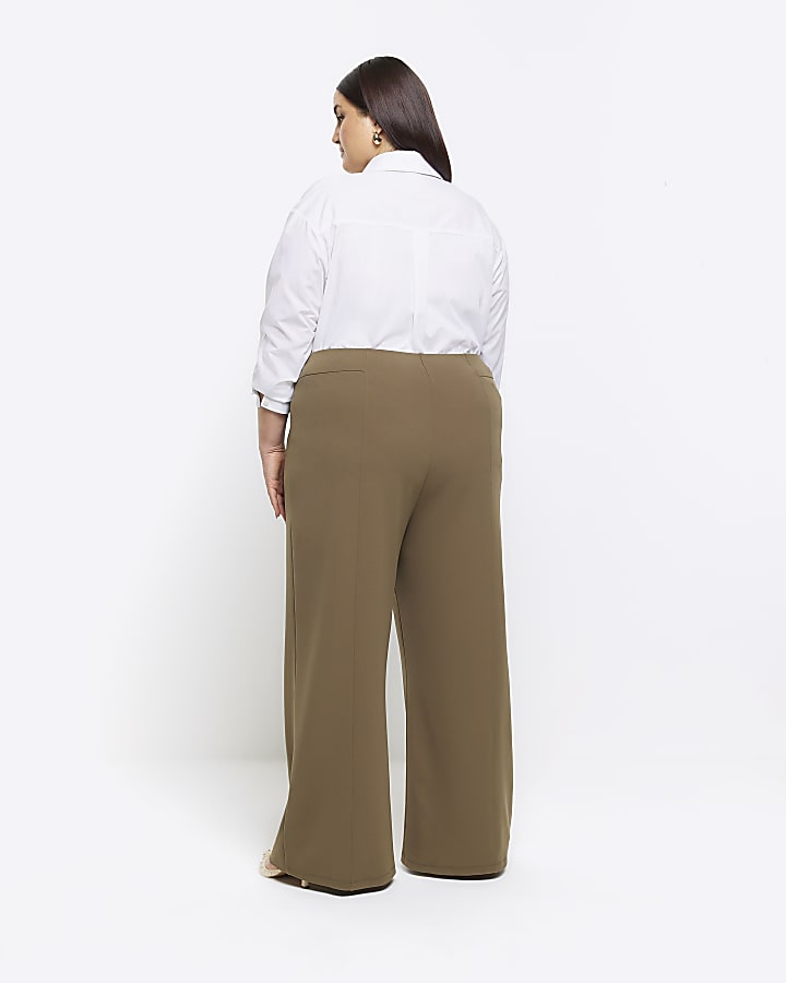 Plus khaki stitched wide leg trousers