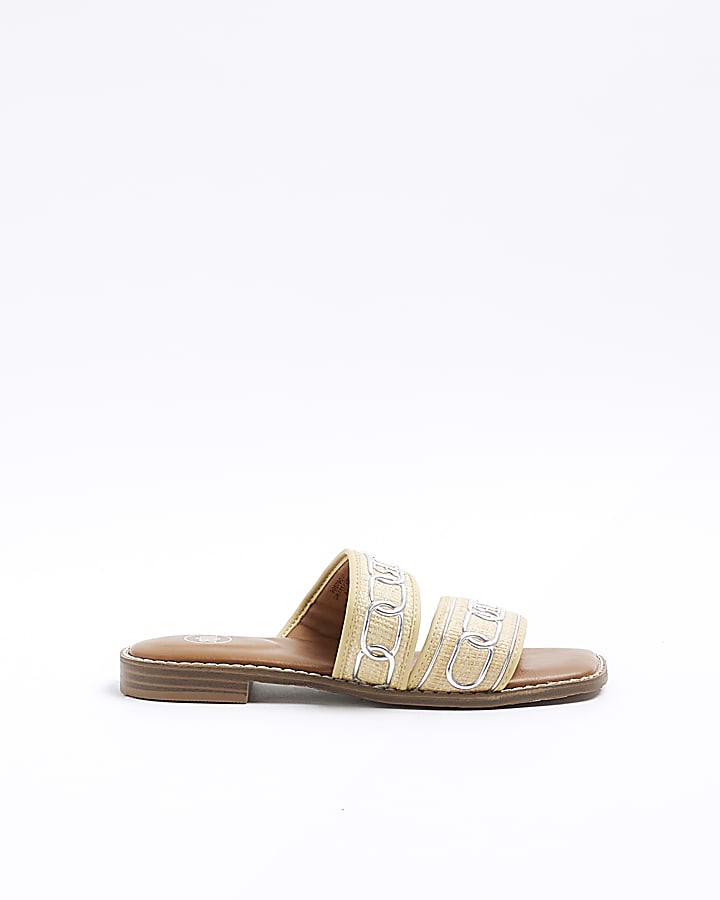 Beige jacquard strap flat sandals