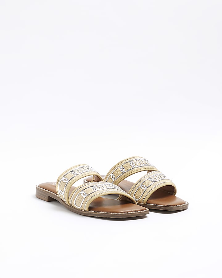 Beige jacquard strap flat sandals