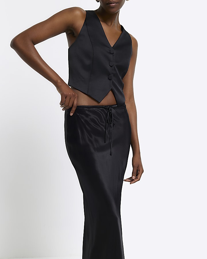 Black tie waist midi skirt