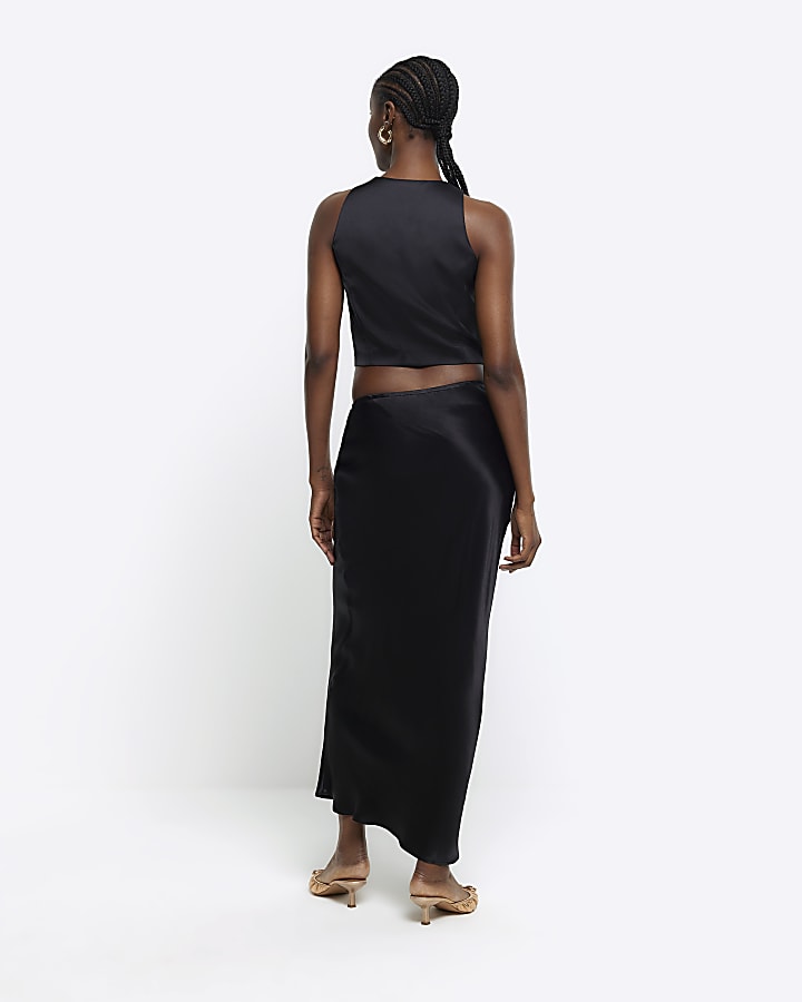 Black tie waist midi skirt