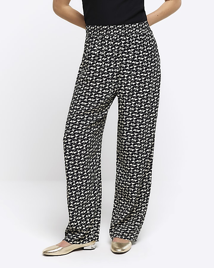 Petite black geometric wide leg trousers