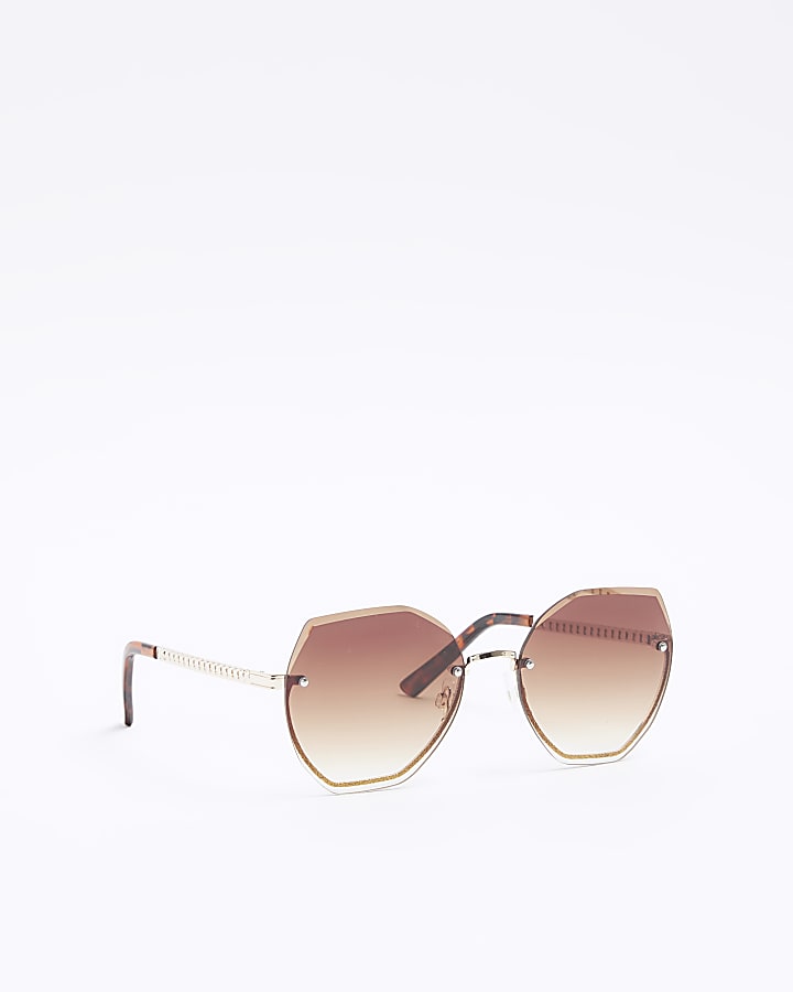 Gold rimless hexagon sunglasses