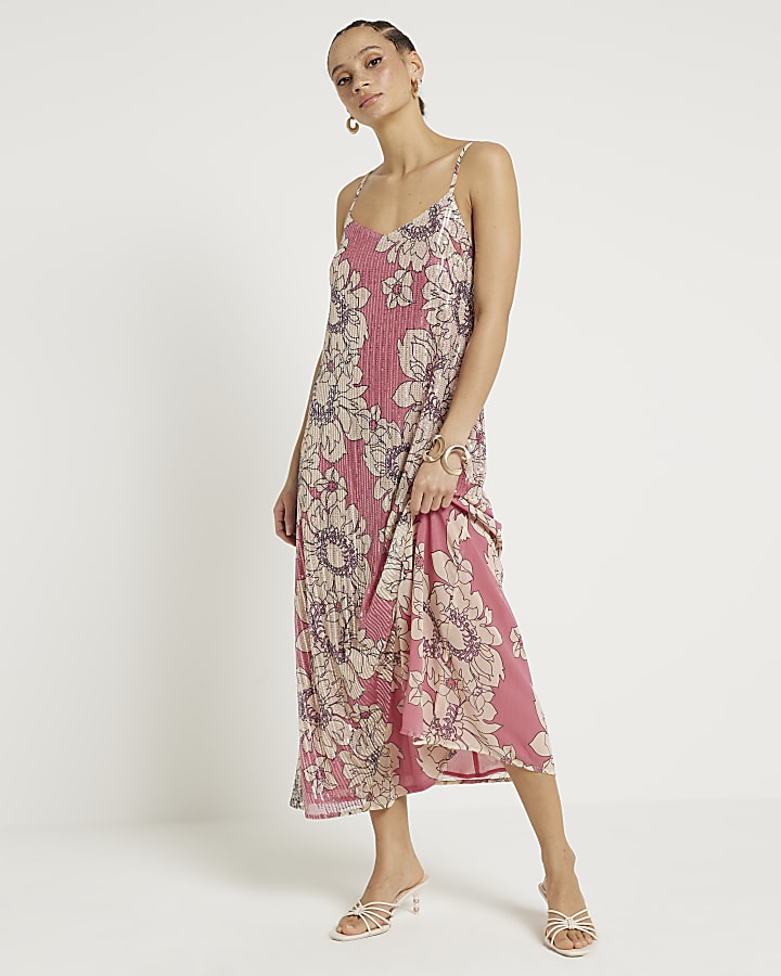 Pink floral sequin slip maxi dress