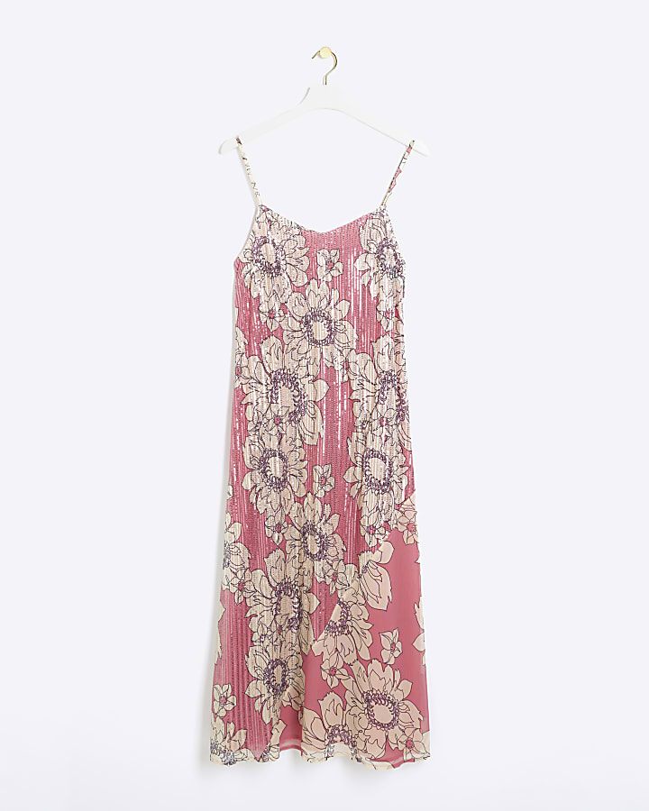 Pink floral sequin slip maxi dress
