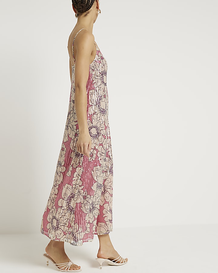Pink floral sequin slip maxi dress