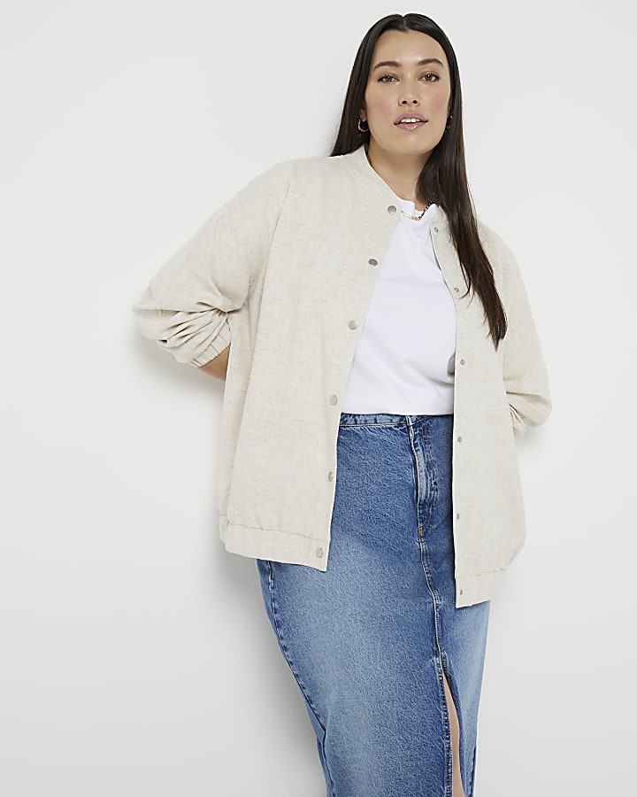 Plus beige linen blend bomber jacket