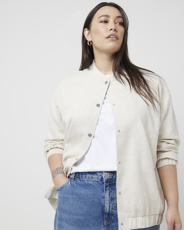 Plus beige linen blend bomber jacket