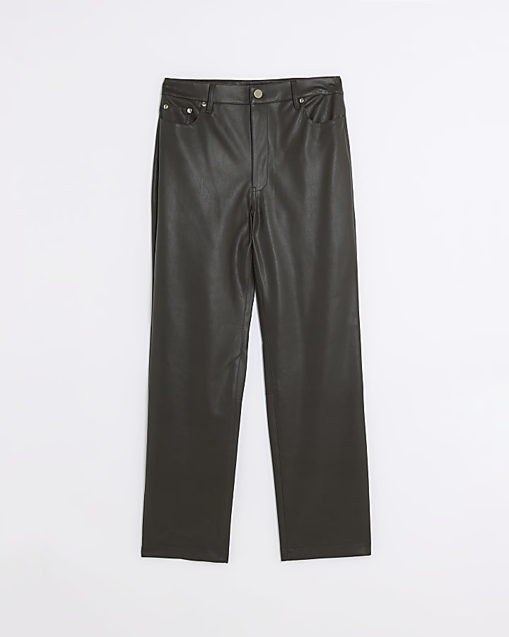 Brown faux leather straight trousers