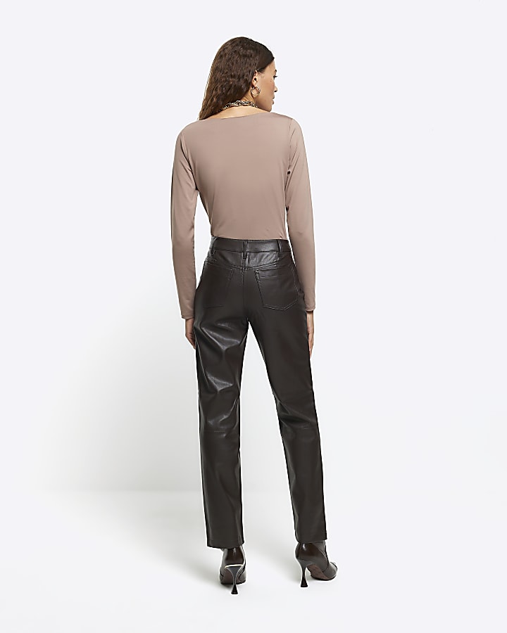 Brown faux leather straight trousers