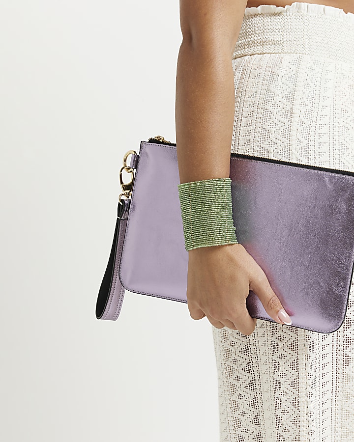 Purple metallic leather clutch bag