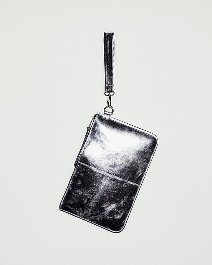 Silver metallic leather clutch bag