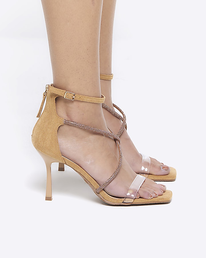 Beige embellished perspex heeled sandals