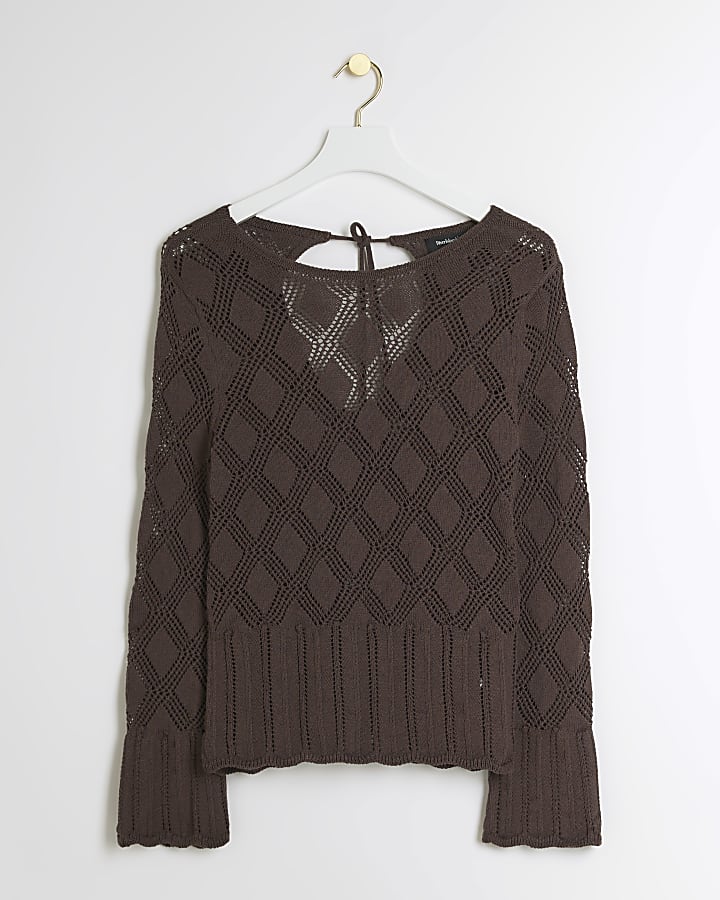 Brown crochet tie back long sleeve top