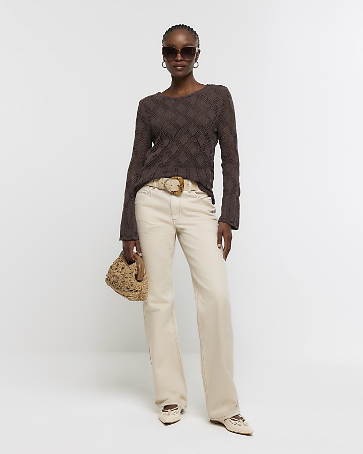 Brown crochet tie back long sleeve top