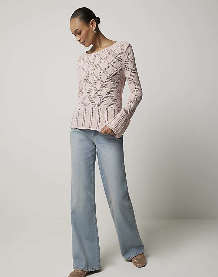 Pink crochet tie back knit top