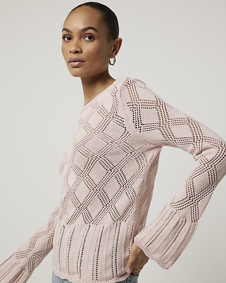 Pink crochet tie back knit top