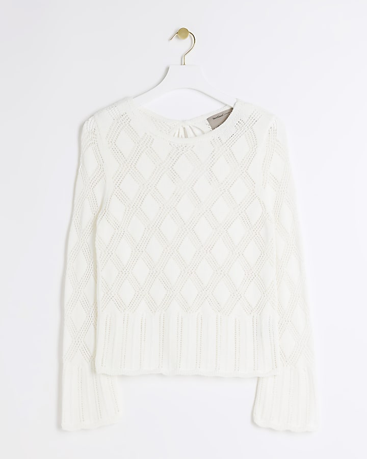 White crochet tie back knit top