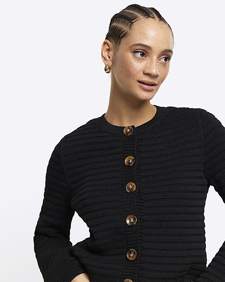 Black Textured Knit Cardigan