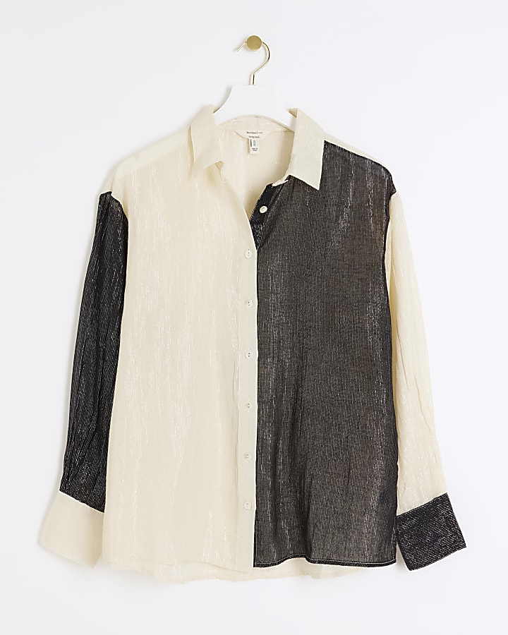 Cream Plisse Colour Block Shirt
