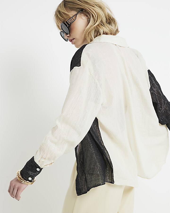 Cream Plisse Colour Block Shirt