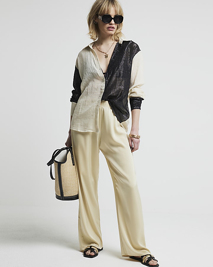 Cream Plisse Colour Block Shirt