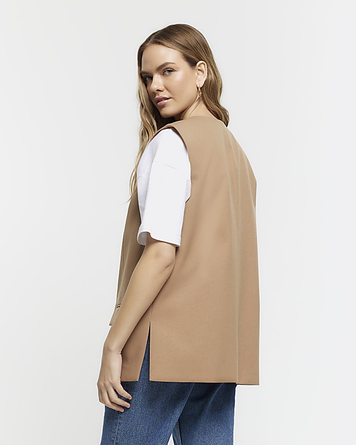 Beige longline button up waistcoat