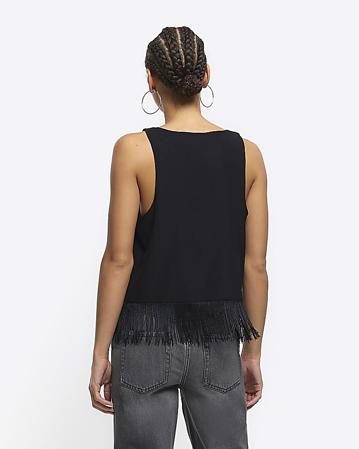 Black fringe hem cowl top