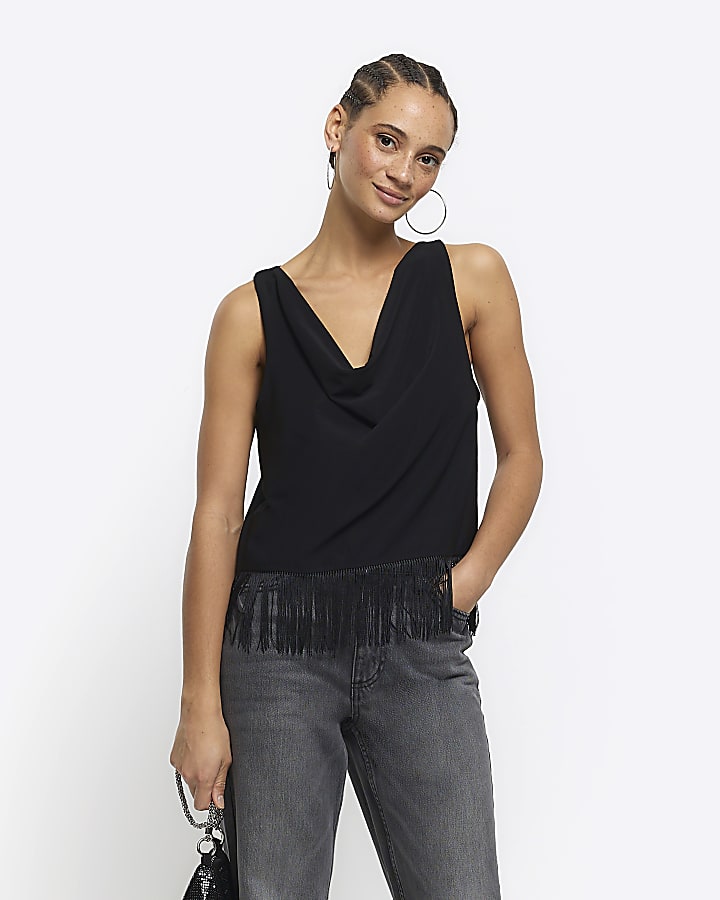 Black fringe hem cowl top