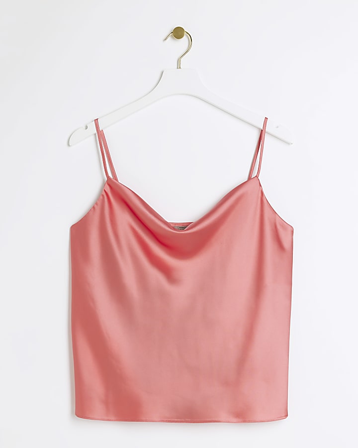 Coral satin cowl neck cami top