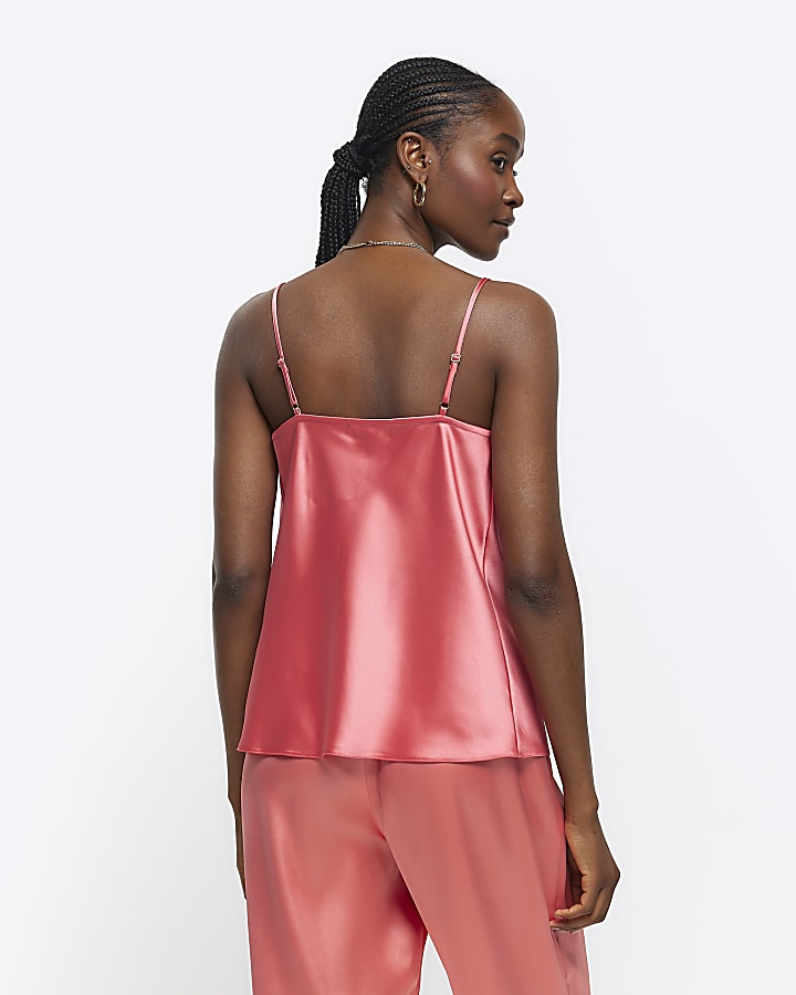 Coral satin cowl neck cami top