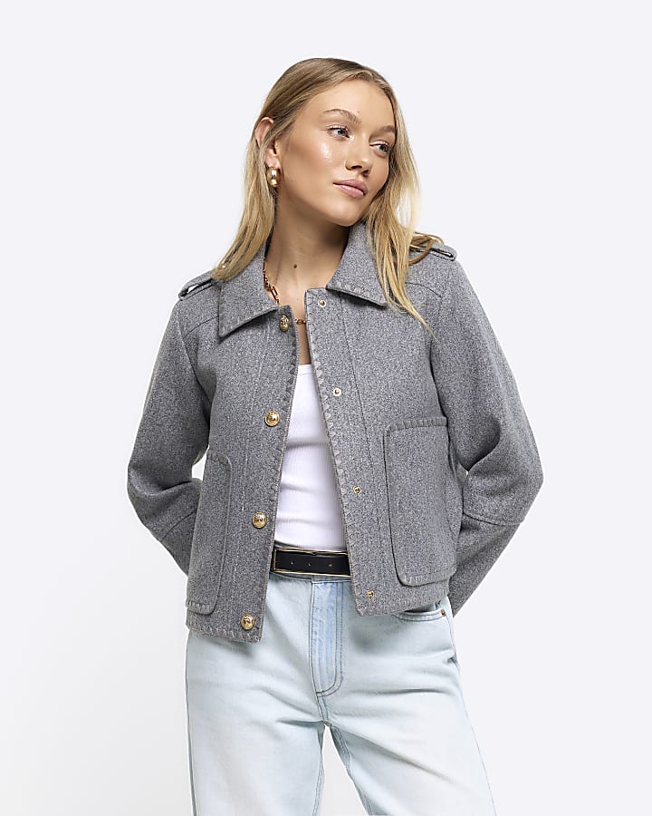 Petite grey stitch detail jacket River Island