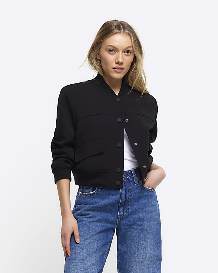 Petite black tailored crop bomber jacket River Island