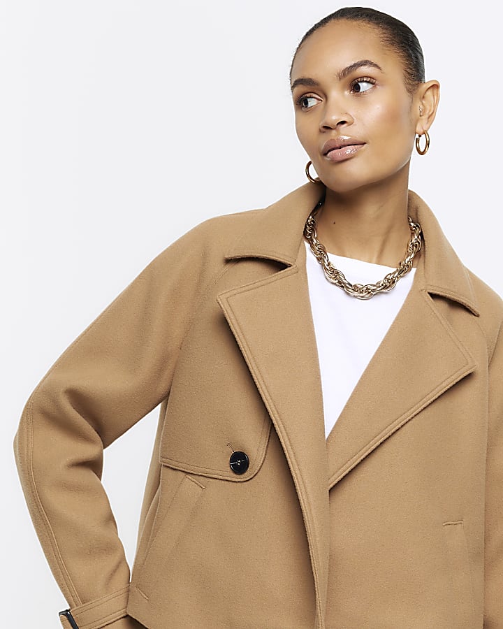 Brown faux wool crop trench coat