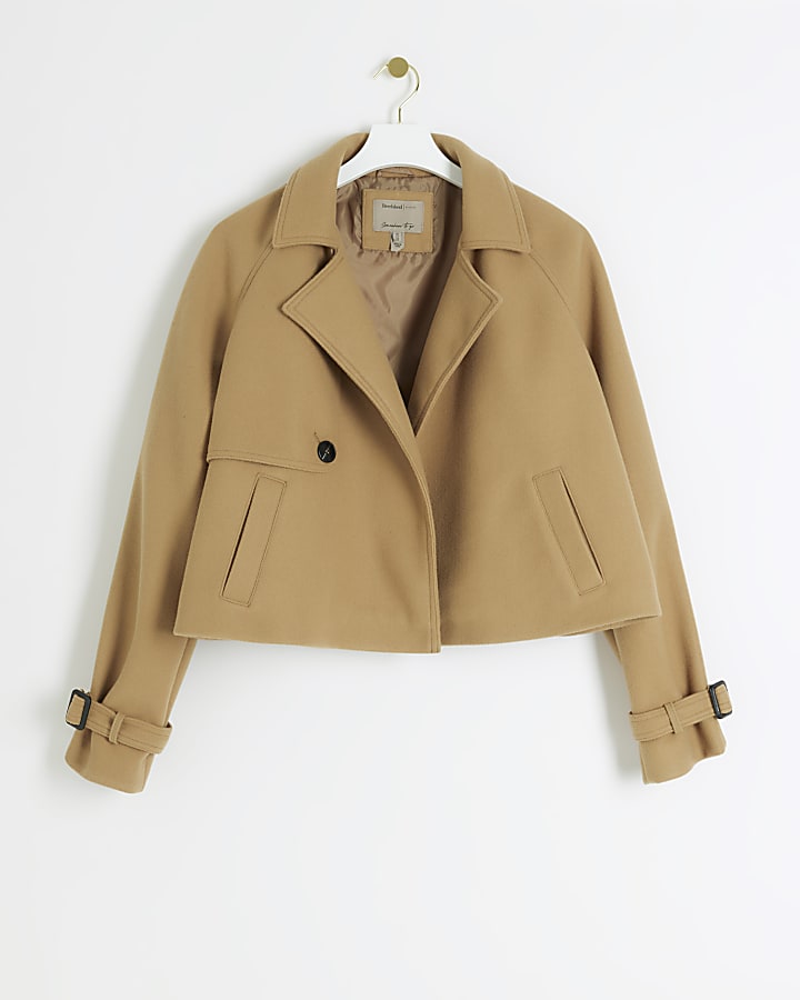 Brown faux wool crop trench coat