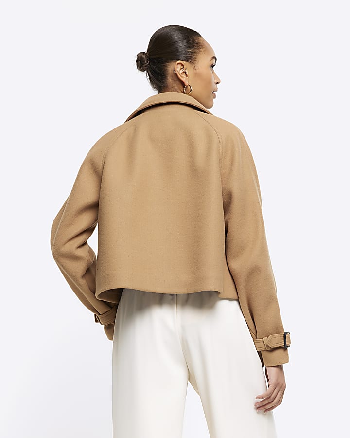 Brown faux wool crop trench coat